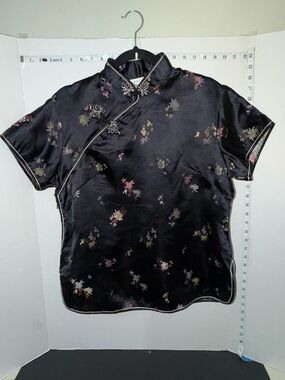 Women's Black Floral Satin Mandarin Collar frog closures zipper on side